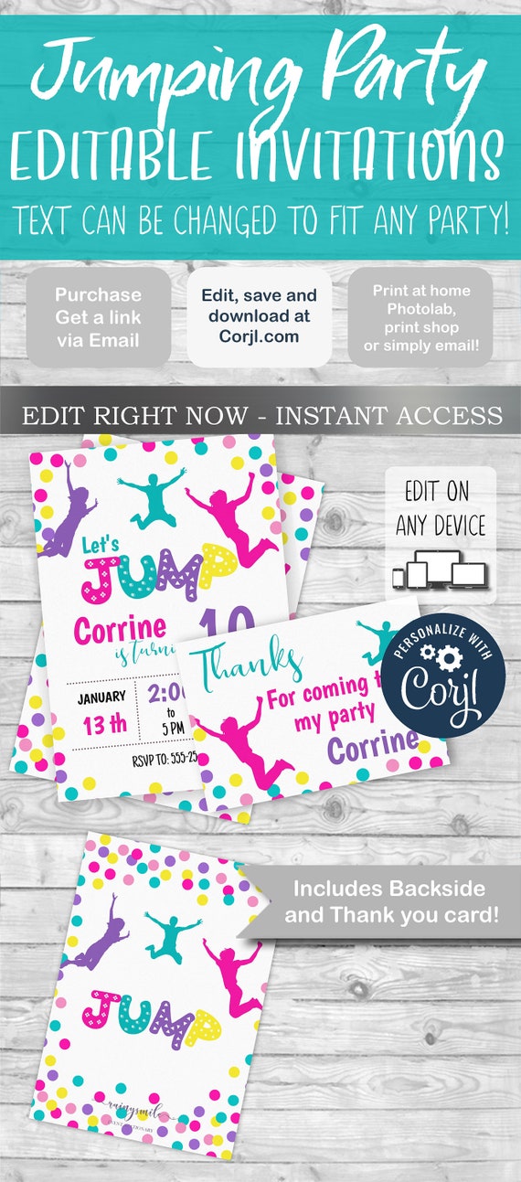 Jumping Party Invitation and Thank you card, Jumping birthday, Jump Invitation,Trampoline Invitations, INSTANT DOWNLOAD Il_570xn