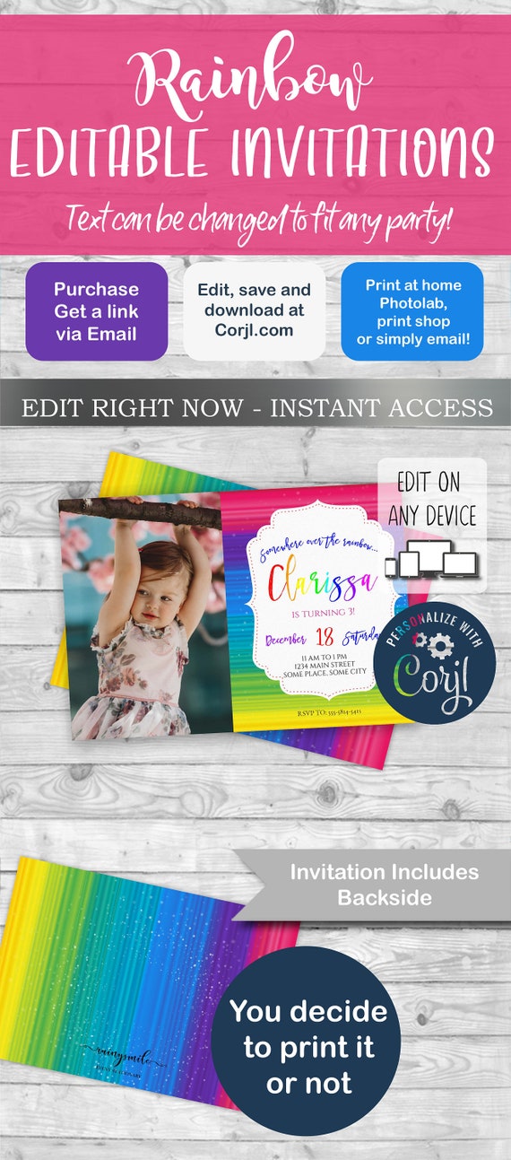Rainbow Invite, Rainbow invitation, Rainbow template invitation, Rainbow themed,Colorful Invite, Rainbow birthday invite Il_570xn