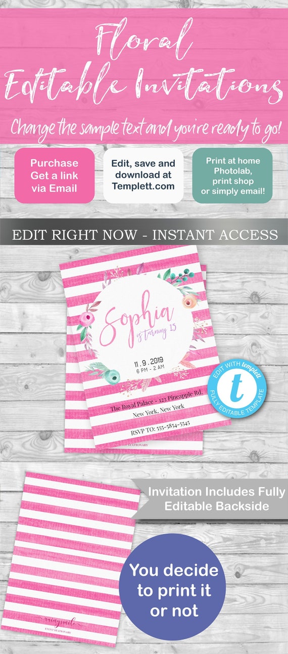 Stripes Pink invitation, Sweet 16 invites Il_570xn