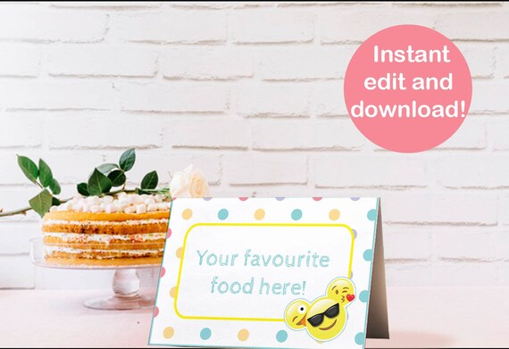 EMOJI Tent Card,Emojis, Emoji food label, Emoji theme party, INSTANT DOWNLOAD, Edit and print with templett.com! Free Demo! Il_570xn