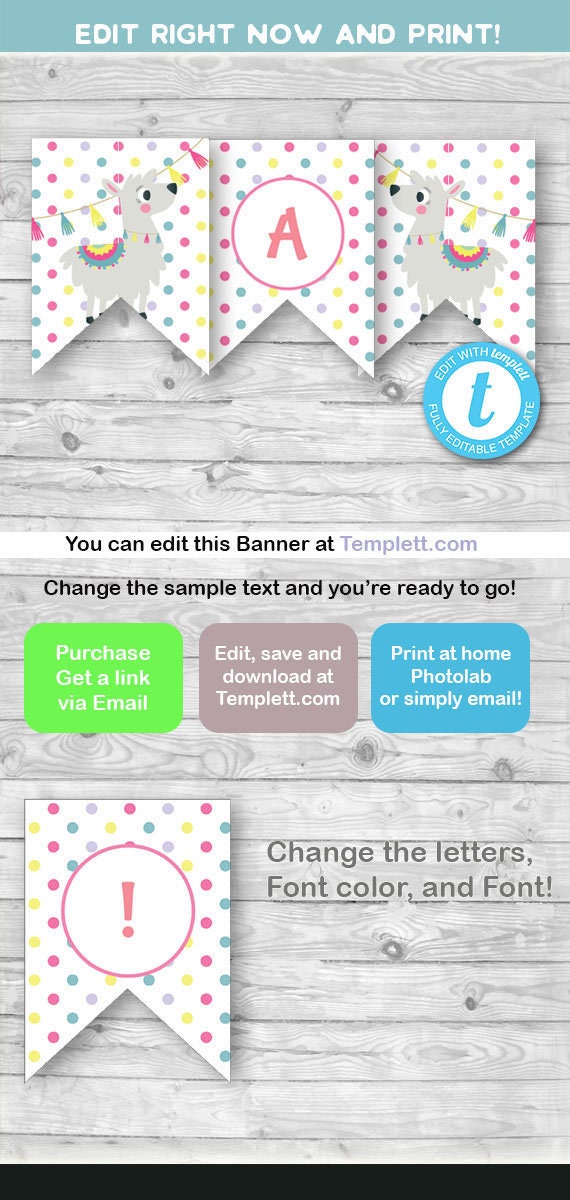 Llama Bunting, Llama party, Llama Banner, Llama theme, INSTANT DOWNLOAD, Edit and print with templett.com! Free Demo! Il_570xn