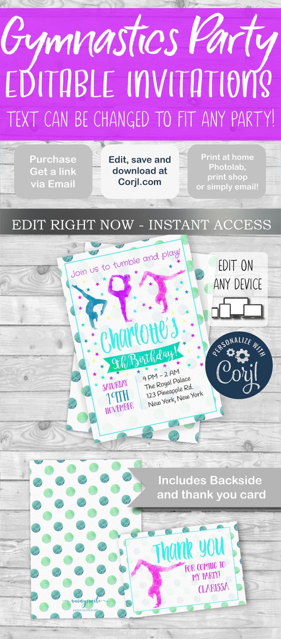 GYMNASTICS INVITATION and Thank You Card Editable invites , gymnastics party, gymnastics birthday, gymnastics, gymnastic party, gymnastics Il_570xn