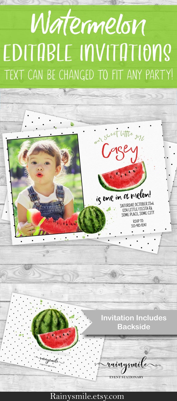 Watermelon Invitation, One in a Melon Photo Invitation - 1st Girl's Birthday Invite, Edit with Corjl.com Il_570xn