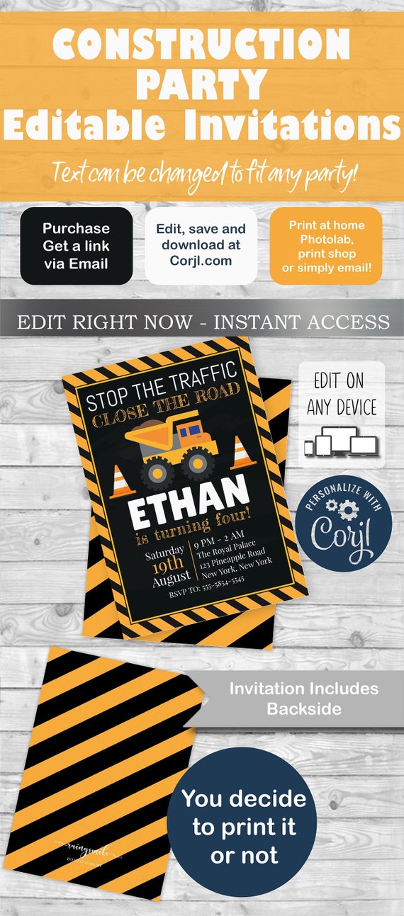 Construction Invitation, Construction birthday Party, Construction party decor, INSTANT DOWNLOAD, Edit & print with corjl.com! Free Demo! Il_570xn