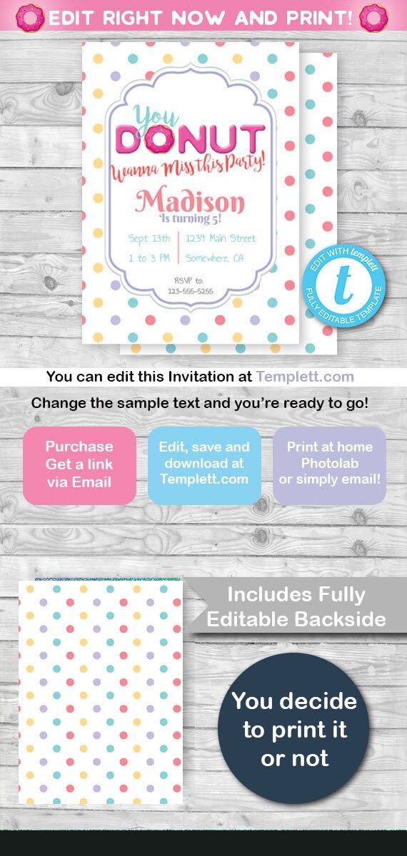 DONUT Invitation, donut themed party, Donut Invite, Donut theme, INSTANT DOWNLOAD, Edit and print with templett.com! Free Demo! Il_570xn