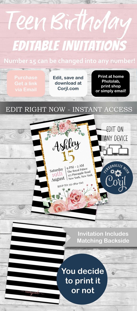 Sweet 16 Birthday Invitation, Black and white stripes, Quinceanera invitation, Floral invitation, Sweet 16 invitation, Teen invites Il_570xn
