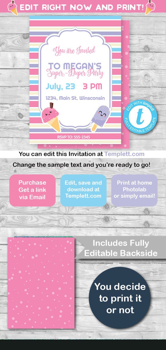 Ice Cream Invitation, Ice cream party, Ice cream Invite, Ice cream theme, INSTANT DOWNLOAD, Edit and print with templett.com! Free Demo! Il_570xn