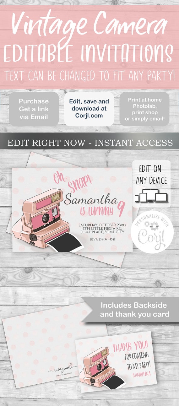 Vintage Camera Invitation and Thank You Cards, Oh snap invites - Girl Party Invitation Template, Teen Birthday Invitations Il_570xn