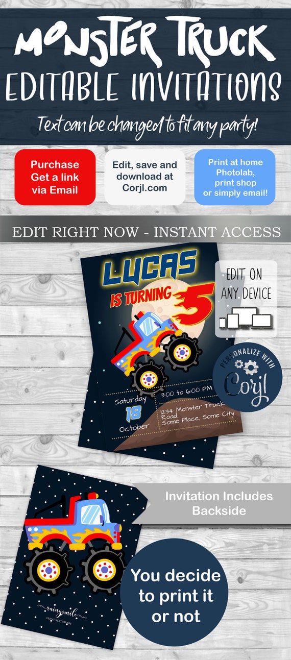 Monster truck party, monster truck, monster truck invite, truck invitation, monster truck theme, monster truck decor, truck party invite Il_570xn