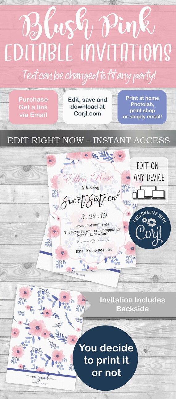 Blush Pink Flower invitations, Editable Quinceañera Invitation Il_570xn
