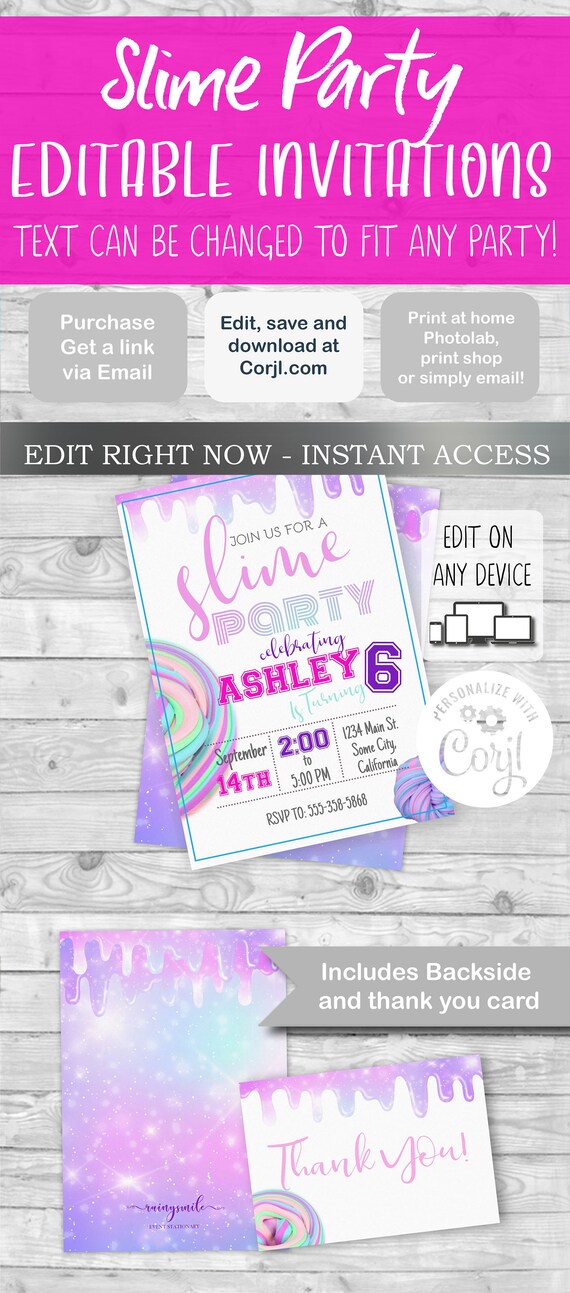 Slime Invitation and Thank you Card, Editable Invite for Girl - Party Invite, Printable invitations - INSTANT DOWNLOAD Il_570xn