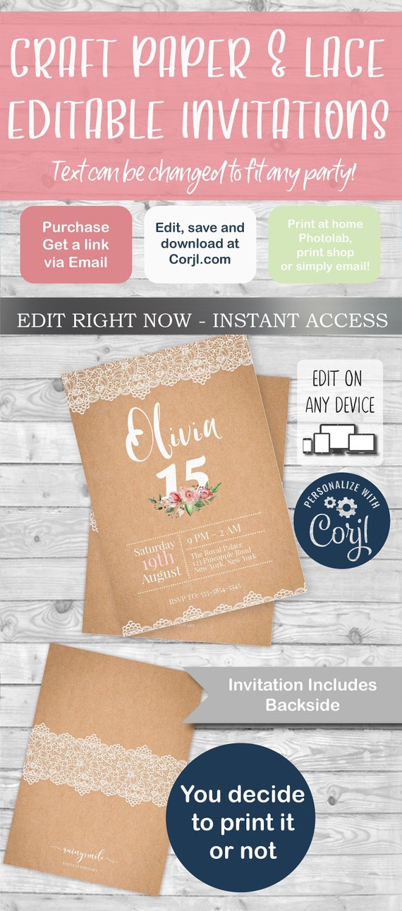 Kraft paper Invitation, Quinceanera invitation, Lace Invitation, Floral invitation, Sweet 16 invites, Teen invites, Pink Flowers invite Il_570xn