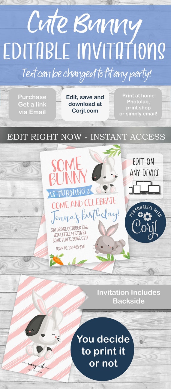 EASTER BUNNY Editable Invitation, bunny party invites, some bunny, rabbit invitation, edit with Corjl.com Il_570xn