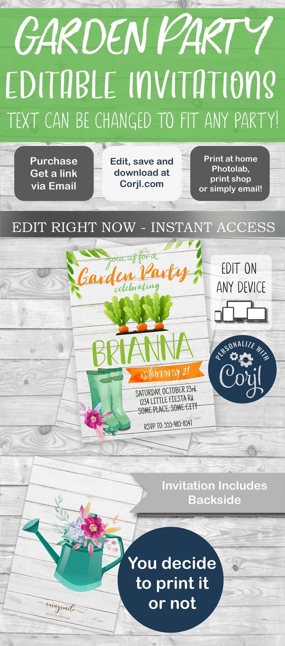 Garden Party Printable Invitation - Bohemian Gardening Invites - Outdoor Birthday Invitations for Girls, Editable Garden Birthday theme Il_570xn