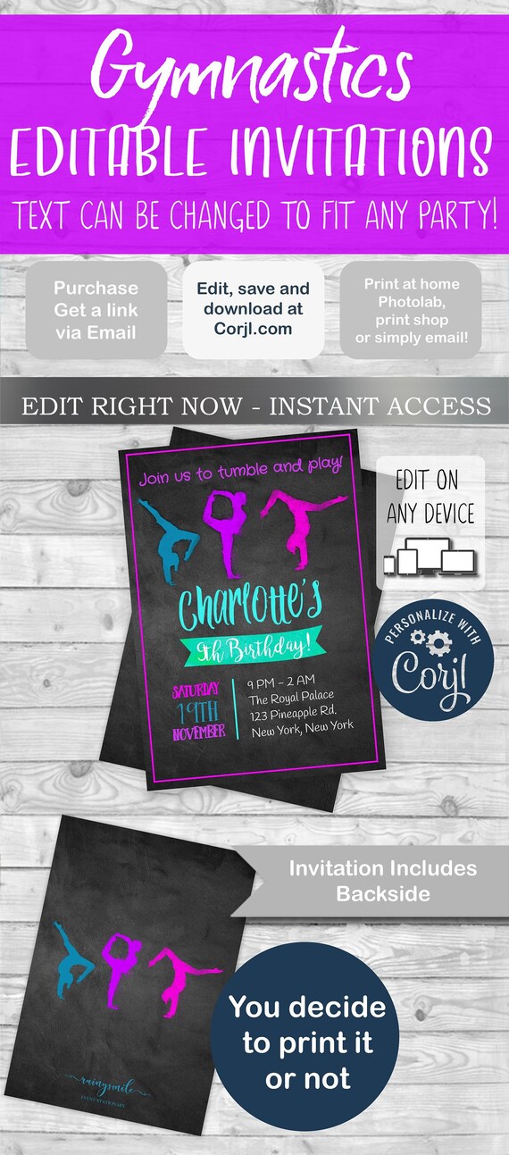 Gymnastics Birthday invitation, Editable invite , tumbling party, DIY gymnastic invitations Il_570xn