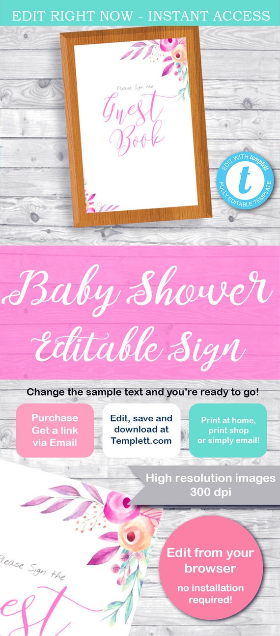 BABY SHOWER Sign, Guest book sign, personalized sign, Editable baby shower sign, baby shower decor, shower table sign, Il_570xn