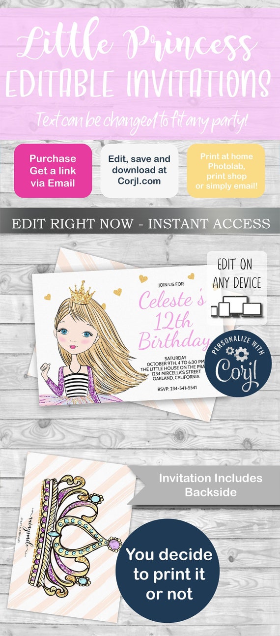 PRINCESS INVITATION, Princess Invites, Princess party, Royal Invitation, Editable Princess, Princes party invite, Glitter and Pink invites Il_570xn