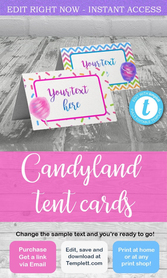 CANDYLAND TENT Cards, Candyland Party, Cotton Candy, Cotton Candy Tent Cards, editable tent cards, cotton candy party, cotton candy invites Il_570xn