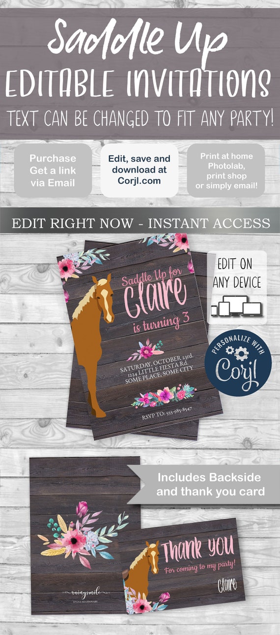 SADDLE UP invitation and Thank You Card, Horse birthday party, Horse Invitation For girl, horse invitations, girl horse birthday, Il_570xn