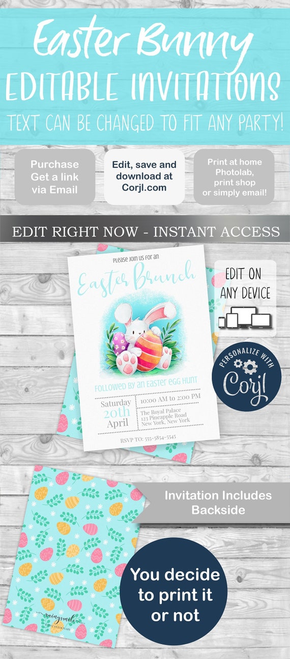Easter Brunch Printable Invitation, Bunny Brunch Invite Template, Easter celebration lunch invites Il_570xn