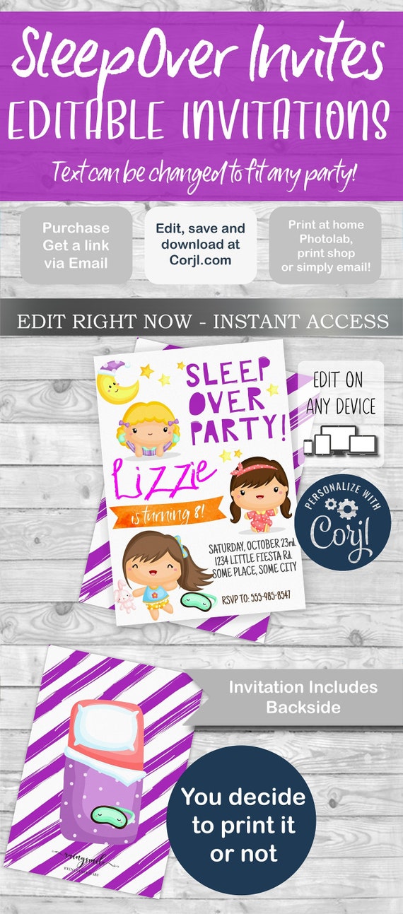 SLEEPOVER invitation, Editable party invites, slumber party, sleepover birthday, slumber invitation, sleepover invite Il_570xn