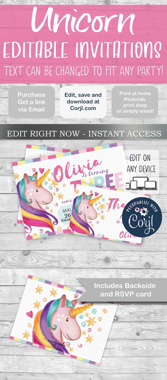 Unicorn invitation and Thank you Card, Unicorn party invitation, Personalized with name, Printable Invitation,, Birthday Girl pink invite Il_570xn