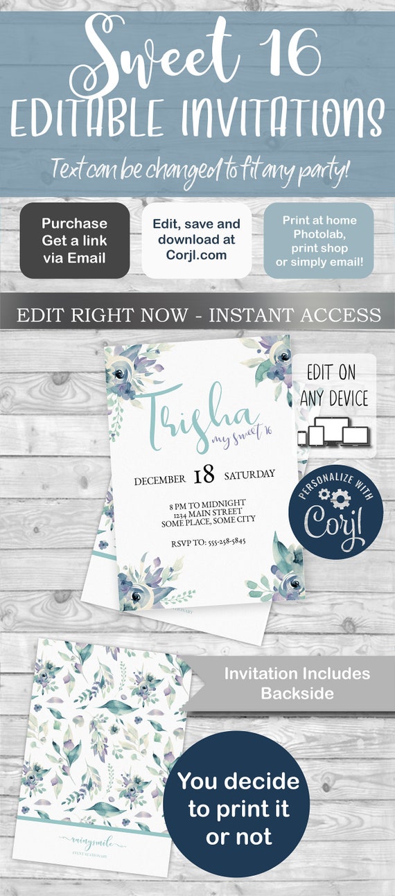 Sweet 16 Invitation, Quinceanera invitation, Floral invitation, Sweet 16 invites, Teen invites, Blue Flowers invite Il_570xn