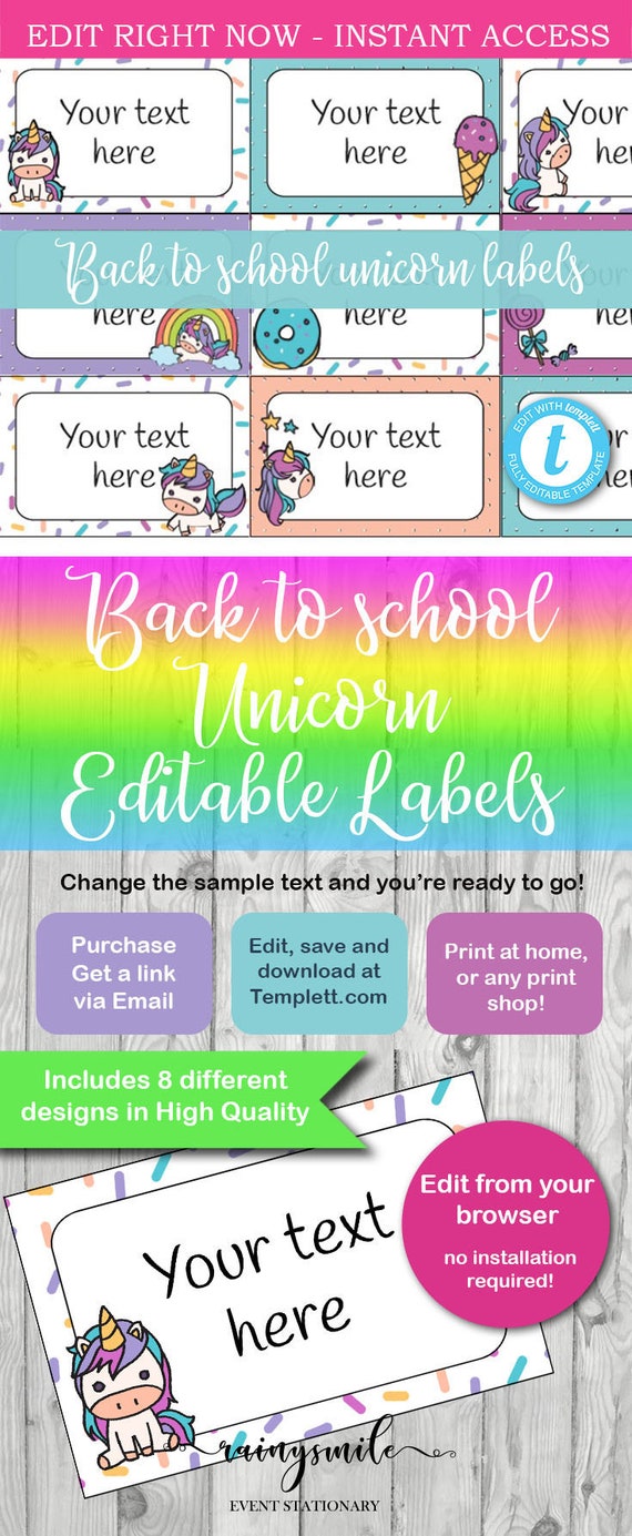 BACK to SCHOOL Labels, Editable labels, Edit in minutes!!!, labels for girls, printable labels, unicorn labels, school labels, name labels Il_570xn
