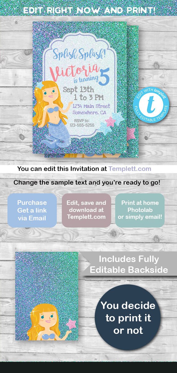 Mermaid Invitation, Mermaid Invite, Under the Sea invitation , mermaid party, INSTANT DOWNLOAD, Edit and print with templett.com! Free Demo! Il_570xn