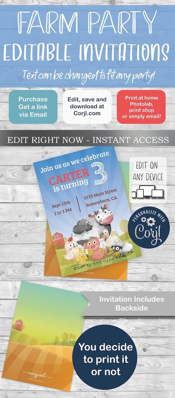 Farm Invitation, Farm Animals , Barnyard invite , Farm Invite, Farm theme, INSTANT DOWNLOAD, Edit and print with corjl.com! Free Demo! Il_570xn