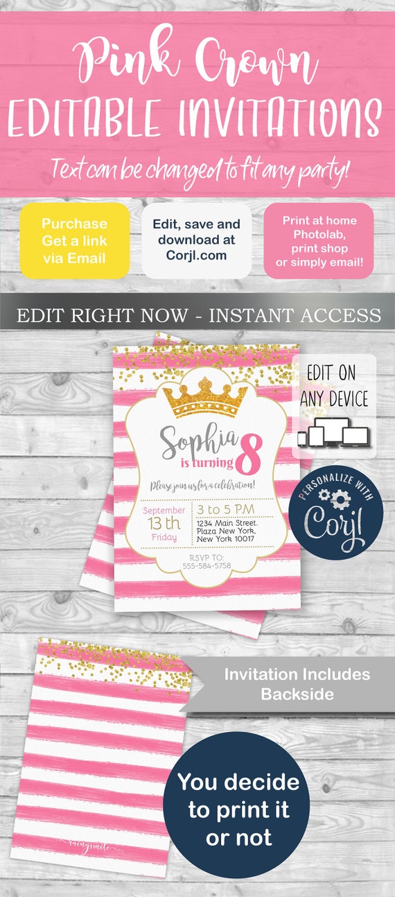 CROWN INVITATION, Princess Invitation, Princess Crown, Royal Invitation, Editable Princess, Tiara invitation, Glitter and Pink invitation Il_570xn