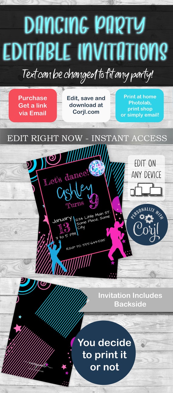 Dancing Party, Invitations for girl, Disco Party, Disco Invitation, Glow invitation, Editable girl invitation, Glow birthday, glow party Il_570xn