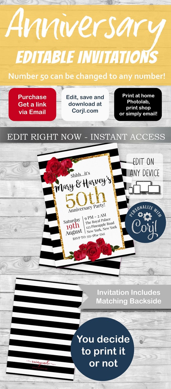 50th Anniversary Invitation, Black White and Gold invitations, Elegant invites, Wedding anniversary Il_570xn