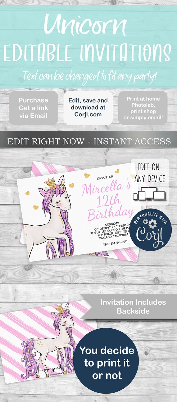 Unicorn invitation, Unicorn party invitation, Unicorn horn, Printable Invitation, Unicorn birthday Invitation, Birthday Girl pink, invite Il_570xn
