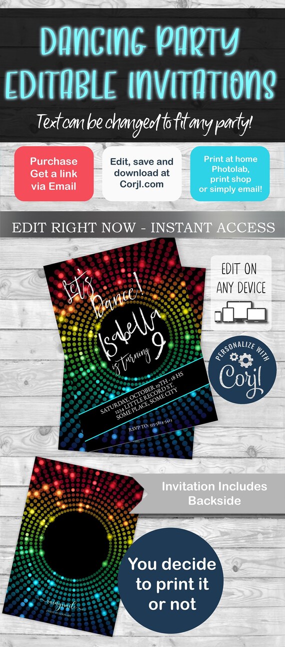 Dance Invitation, Dance birthday, Dance Party ,Disco Invitations, INSTANT DOWNLOAD, Edit and print with corjl.com! Free Demo! Il_570xn