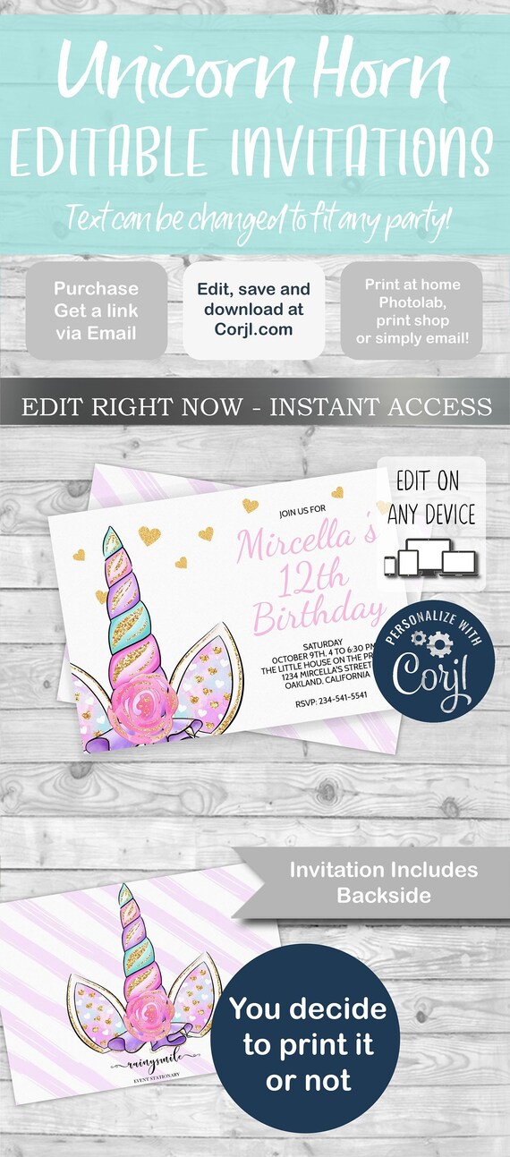Unicorn invitation, Unicorn party invites with Thank You card - Unicorn horn, Printable Invitation, Birthday Girl Invitations Il_570xn