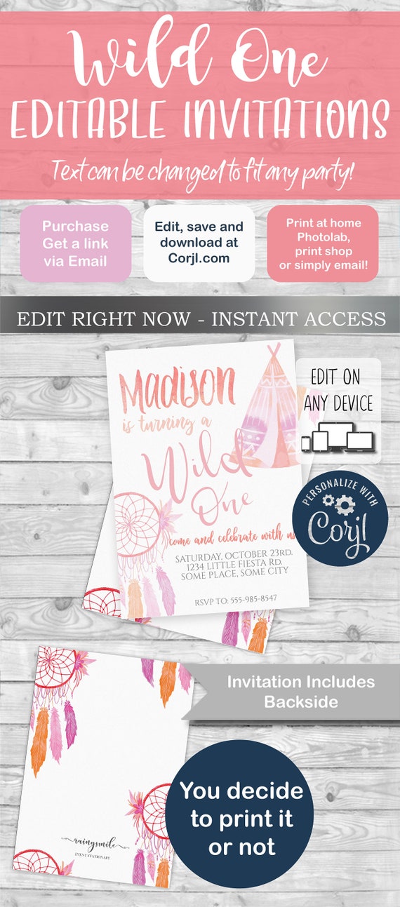 Wild one Invitation, Wild one Invite, Boho invitation , Wild one party, INSTANT DOWNLOAD, Edit and print with corjl.com! Free Demo! Il_570xn