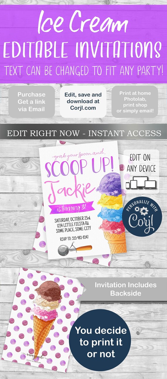 ICE CREAM Invitation, ice cream party, summer invitation, ice cream birthday, ice cream invite, ice cream cone, ice cream parlor Il_570xn