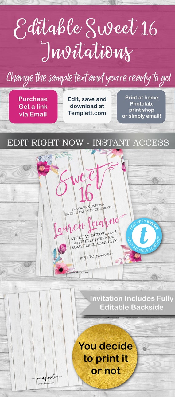 Sweet 16 invites, Invites for teens, White wood Invites, Rustic invitation, Sweet 16 invites, Teen invites, blue Flowers Il_570xn