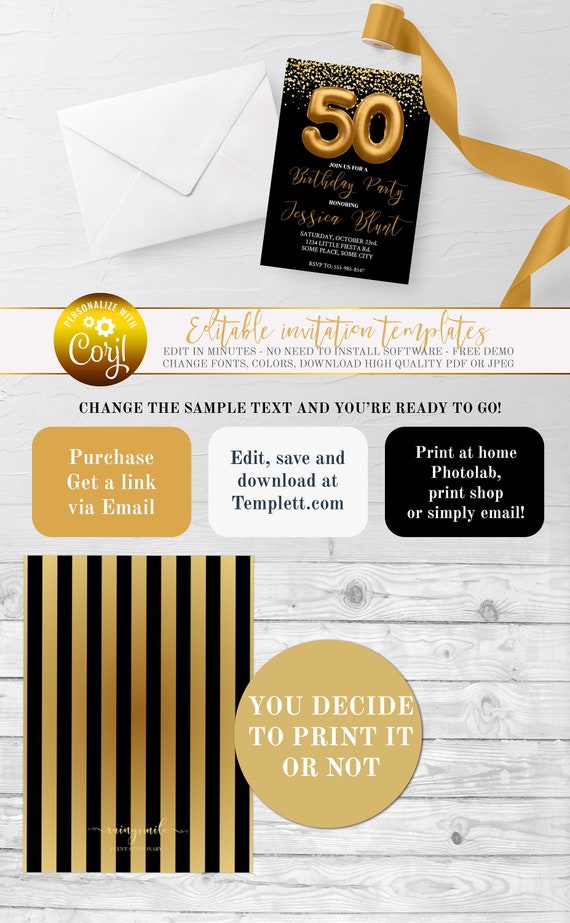 Foil Gold Invitation, 50th Birthday Party, Adult Party Invitations, Adult Invites, 50th Invitations, Foil gold Birthday, Black and Golden Il_570xn