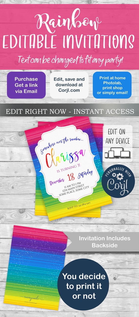 Rainbow Invite, Rainbow invitation, Rainbow template invitation, Rainbow themed,Colorful Invite, Rainbow birthday invite Il_570xn