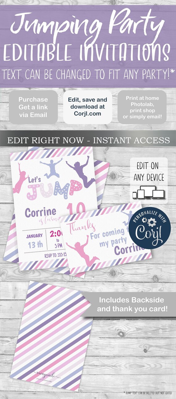 Jumping Party Invitation and Thank you Card, Jumping birthday, Bouncing Invites,Trampoline Invitations, INSTANT DOWNLOAD Il_570xn