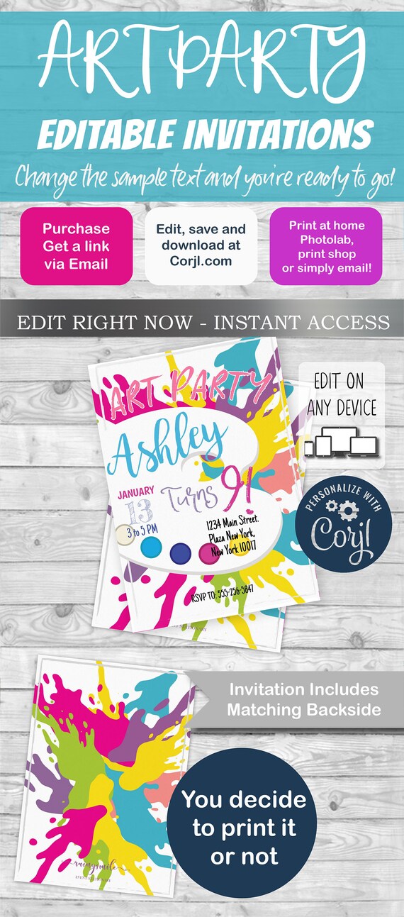 Art Party Invitation, Art Party Invite, Art birthday invitation, Art party, INSTANT DOWNLOAD, Edit & print with Corjl.com! Free Demo! Il_570xn