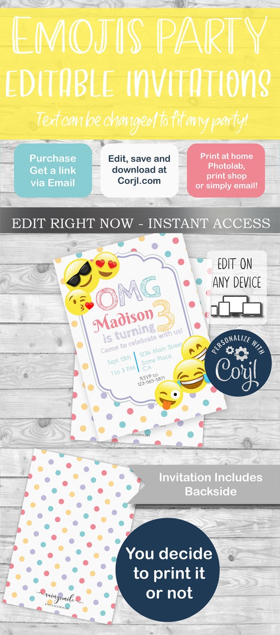 EMOJI Invitation,Emojis, Emoji invite for Girl, Emoji Invite, Emoji theme, INSTANT DOWNLOAD, Edit and print with corjl.com! Free Demo! Il_570xn