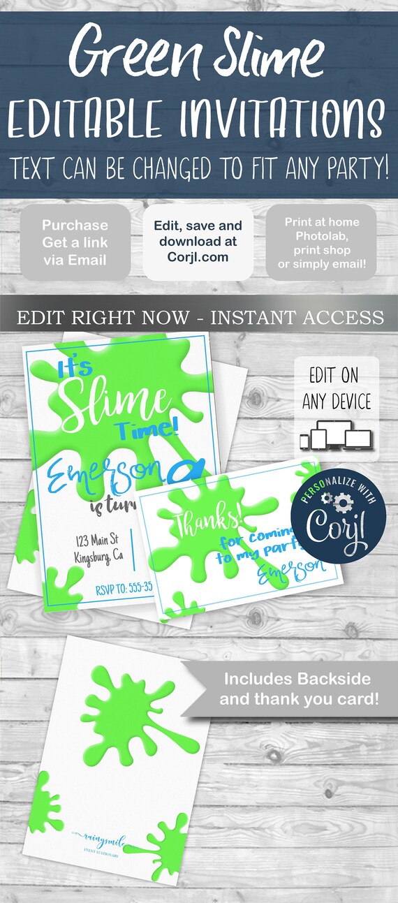 Slime Invitation and Thank you Card, Slime Party Invite, Slime Pink invitation, Green slime party, INSTANT DOWNLOAD Il_570xn