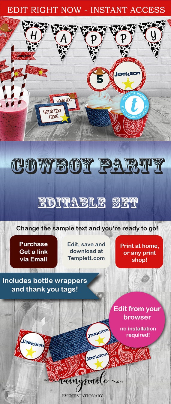 COWBOY PARTY set, rodeo party, editable cowboy set, cowboy decor, rodeo decor, cowboy party, cowboy birthday Il_570xn