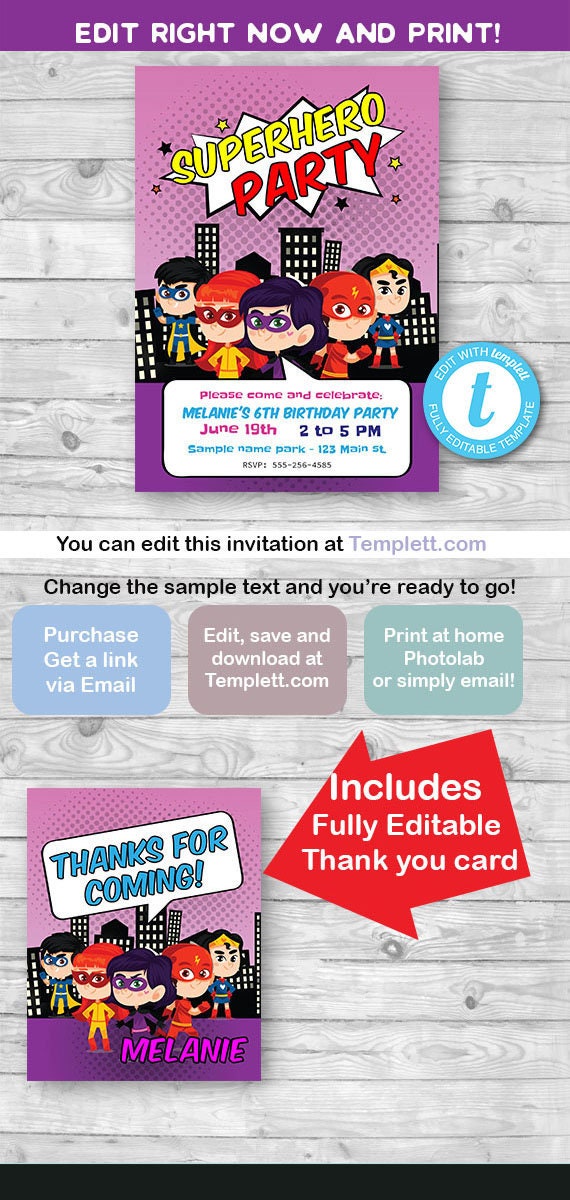 Superhero Invitation, Girl super hero Invite, Superhero party, INSTANT DOWNLOAD, Edit & print with templett.com! Free Demo! Il_570xn