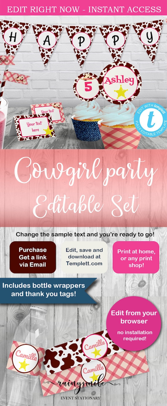 COWGIRL PARTY set, rodeo party, editable cowgirl set, cowgirl decor, rodeo decor, cowgirl party, cowgirl birthday Il_570xn