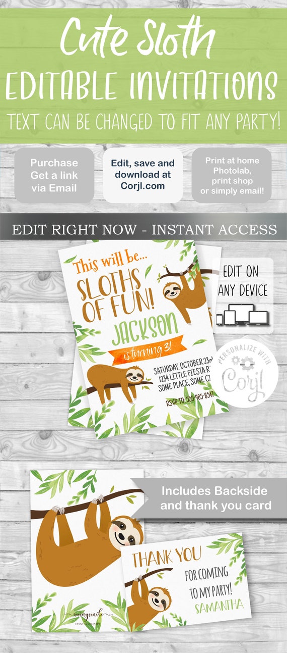 Sloth invitation, editable invitation, sloth birthday, sloth baby shower, sloth party invite, cute sloth card, edit with Corjl.com Il_570xn