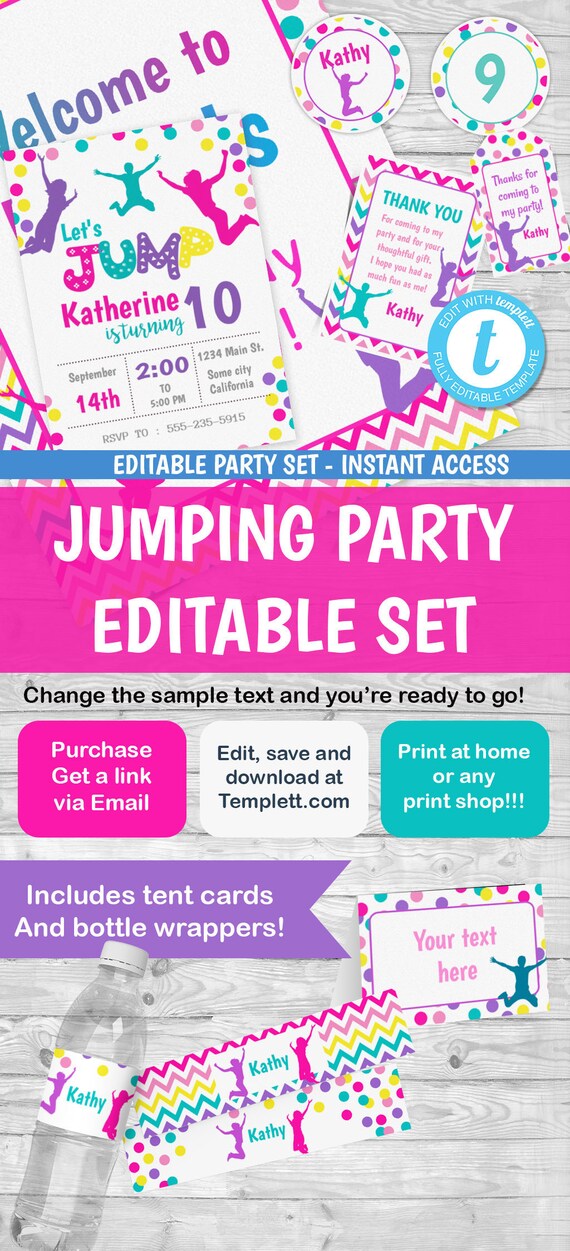 JUMPING PARTY SET, Jump Birthday Set, Jumping Invitations, Jumping labels, Jumping tags, Jumping cupcake toppers, Jumping Party Favors Il_570xn